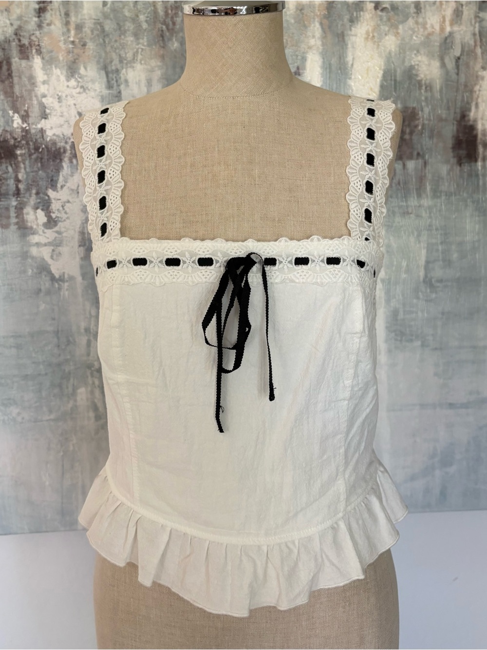 White Cotton Lace-Trim Tank Top with Black Ribbon Detail